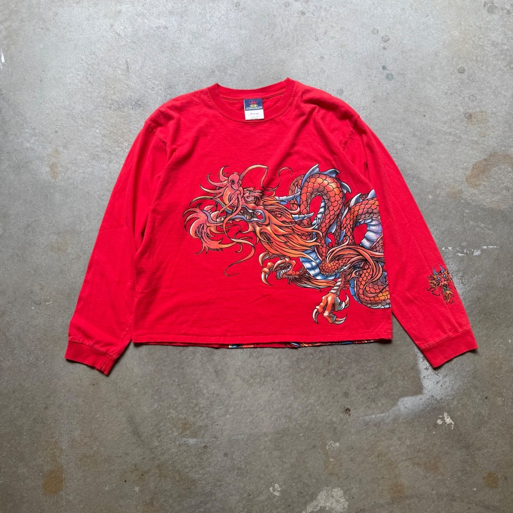 Vintage JNCO Jeans Dragon Graphic Long Sleeve Shirt Red Mens XL Made in USA